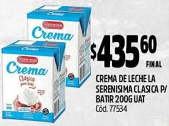 Supermercados Yaguar CREMA DE LECHE LA SERENISIMA CLASICA P/ BATIR 200G UAT Cód. 77534 oferta