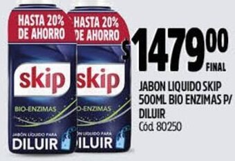 Supermercados Yaguar JABON LIQUIDO SKIP 500ML BIO ENZIMAS P/ DILUIR Cód 80250 oferta
