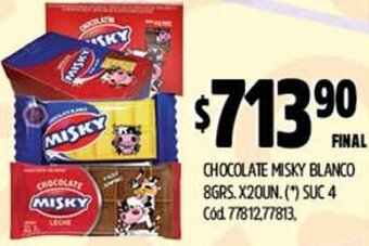 Supermercados Yaguar CHOCOLATE MISKY BLANCO 8GRS. X20UN. (*) SUC 4 Cod. 77812,77813, oferta