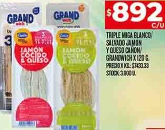 Supermercados DIA TRIPLE MIGA BLANCO/ SALVADO JAMON Y QUESO CANON/ GRANDWICH X 120 G. oferta