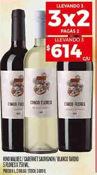 Supermercados DIA VINO MALBEC/CABERNET SAUVIGNON/BLANCO TARDIO 5 FLORES X 750 ML oferta