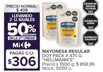 Carrefour MAYONESA REGULAR DOY PACK X 475 G. "HELLMANN'S" oferta