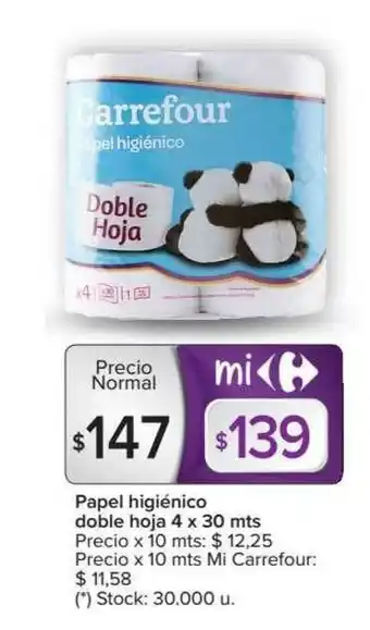 Carrefour Papel Higiénico Doble Hoja 4 x 30 mts oferta