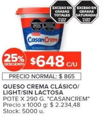 Carrefour QUESO CREMA CLÁSICO/ LIGHT/SIN LACTOSA POTE X 290 G. "CASANCREM" oferta