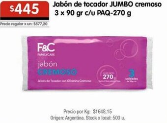 Disco Jabón de tocador JUMBO cremoso 3 x 90 gr c/u PAQ-270 g oferta