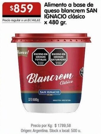 Alimento a base de queso blancrem SAN IGNACIO clásico x 480 gr.