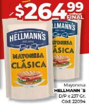 Diarco Mayonesa HELLMANN'S D/P x 237 Gr. Cód: 22094 oferta