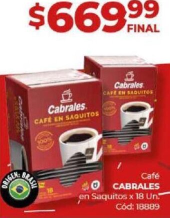 Diarco Café CABRALES en Saquitos x 18 Un. oferta