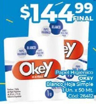 Diarco Papel Higiénico OKEY Blanco Hoja Simple 1un x 50Mt oferta