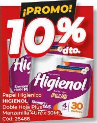 Diarco Papel Higienico PLUS HIGIENOL Siempre Doble Hoja Plus Lás Manzanilla 4Un x 30Mt. Cód: 26466 oferta