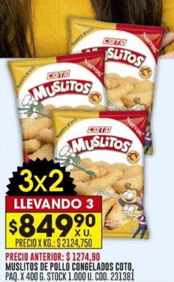Coto MUSLITOS DE POLLO CONGELADOS COTO, PAQ. X 400 G. LLEVANDO 3 oferta
