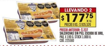 Coto SALCHICHAS SIN PIEL ESCUDO DE ORO, PAQ. X 190 G. LLEVANDO 2 oferta