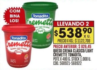 Coto QUESO CREMA CLÁSICO/ LIGHT CREMETTE TONADITA, POTE X 480 G. LLEVANDO 2 oferta