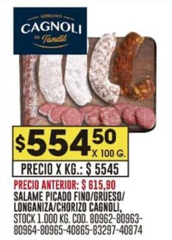 Coto SALAME PICADO FINO/ GRUESO/ LONGANIZA/ CHORIZO CAGNOLI, X 100 G. oferta