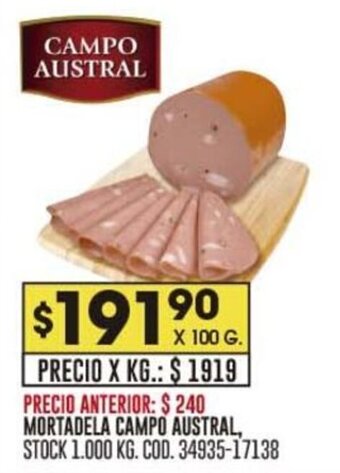 Coto MORTADELA CAMPO AUSTRAL, X 100 G. oferta
