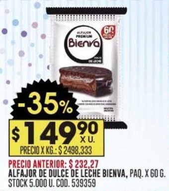 Coto ALFAJOR DE DULCE DE LECHE BIENVA, PAQ. X 60 G. oferta