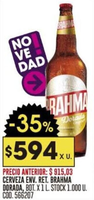 Coto CERVEZA ENV. RET. BRAHMA DORADA, BOT. X 1 L. oferta