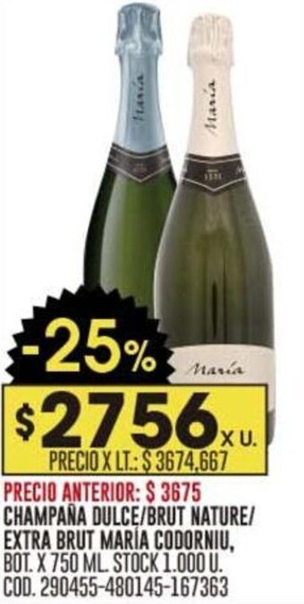 Coto CHAMPAÑA DULCE/ BRUT NATURE/ EXTRA BRUT MARÍA CODORNIU, BOT. X 750 ML. oferta