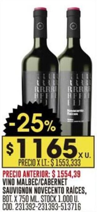 Coto VINO MALBEC/ CABERNET SAUVIGNON NOVECENTO RAÍCES, BOT. X 750 ML. oferta