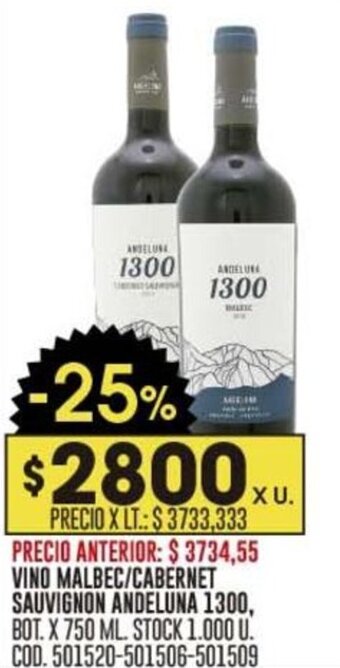 Coto VINO MALBEC/ CABERNET SAUVIGNON ANDELUNA 1300, BOT. X 750 ML. oferta