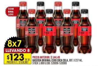 Coto GASEOSA ORIGINAL/ ZERO COCA COLA, BOT. X 237 ML. STOCK 1.000 U.COD. 539896-539908 LLEVANDO 8 oferta