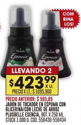 Coto JABÓN DE TOCADOR EN ESPUMA CON GLICERINA/CON LECHE DE ARROZ PLUSBELLE ESENCIA, BOT. X 250 ML LLEVANDO 2 oferta