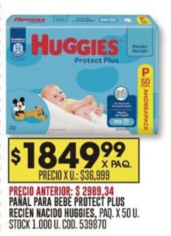 Coto PAÑAL PARA BEBÉ PROTECT PLUS RECIÉN NACIDO HUGGIES, PAQ. X 50 U. STOCK 1.000 U. COD. 539870 oferta