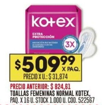 Coto TOALLAS FEMENINAS NORMAL KOTEX, PAQ. X 16 U. STOCK 1.000 U. COD. 522567 oferta