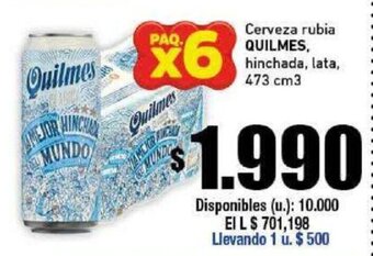 Cooperativa Obrera Cerveza rubia QUILMES, hinchada, lata, 473 cm3 x 6 oferta