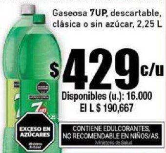 Cooperativa Obrera Gaseosa 7UP, descartable, clásica o sin azúcar, 2,25 L oferta