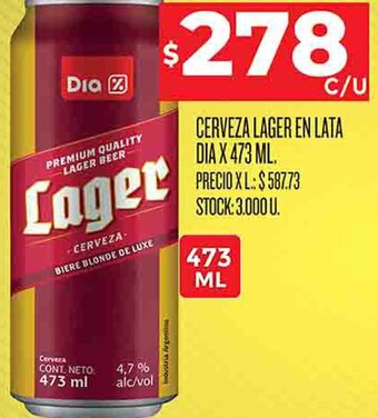 Supermercados DIA CERVEZA LAGER EN LATA DIA X 473ML oferta