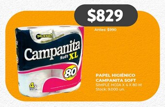 Supermercados Tadicor PAPEL HIGIÉNICO CAMPANITA SOFT SIMPLE HOJA X 4 X 80 M oferta