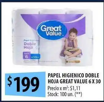 Punto Mayorista Papel Higienico Doble Hoja Great Value 6 x 30 oferta