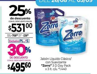 La Anonima Jabón Líquido Clásico Con Suavizante Zorro 3 D Doy Pack 25% De Descuento oferta