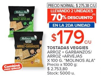 Carrefour TOSTADAS VEGGIES ARROZ + GARBANZOS/ ARROZ +ARVEJAS X 100 G. "MOLINOS ALA" oferta