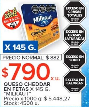 Carrefour QUESO CHEDDAR EN FETAS X 145 G. "MILKAUT" oferta