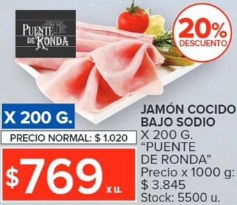 Carrefour JAMÓN COCIDO BAJO SODIO X 200 G. "PUENTE DE RONDA" oferta