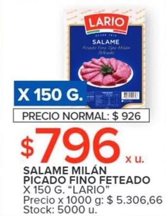 Carrefour SALAME MILÁN PICADO FINO FETEADO X 150 G. "LARIO" oferta
