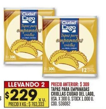 Coto TAPAS PARA EMPANADAS CRIOLLAS CIUDAD DEL LAGO, BSA. X 300 G. LLEVANDO 2 oferta