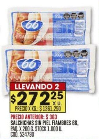 Coto SALCHICHAS SIN PIEL FIAMBRES 66, PAQ. X 200 G. LLEVANDO 2 oferta