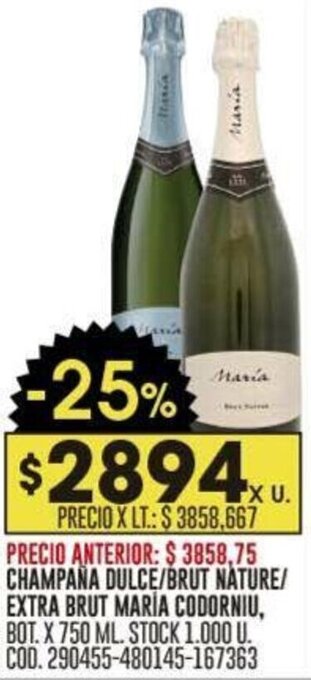 CHAMPAÑA DULCE/BRUT NATURE/ EXTRA BRUT MARIA CODORNIU, BOT. X 750 ML.