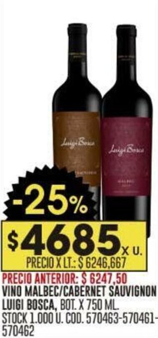 Coto VINO MALBEC/CABERNET SAUVIGNON LUIGI BOSCA, BOT. X 750 ML. oferta
