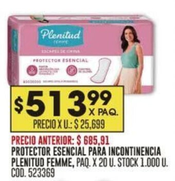 Coto PROTECTOR ESENCIAL PARA INCONTINENCIA PLENITUD FEMME, PAQ. X 20 U. oferta