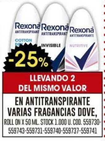 Coto EN ANTITRANSPIRANTE VARIAS FRAGANCIAS DOVE, ROLL ON X 50 ML. LLEVANDO 2 oferta
