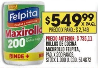 Coto ROLLOS DE COCINA MAXIROLLO FELPITA, RIN PAQ. X 200 PAÑOS oferta