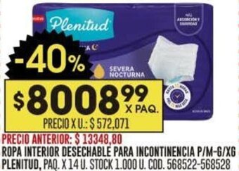 Coto ROPA INTERIOR DESECHABLE PARA INCONTINENCIA P/M-G/XG PLENITUD, PAQ. X 14 U. oferta