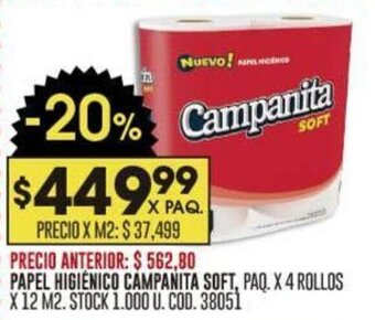 Coto PAPEL HIGIENICO CAMPANITA SOFT, PAQ. X 4 ROLLOS X 12 M2. oferta