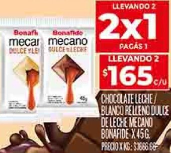Supermercados DIA CHOCOLATE LECHE/ BLANCO RELLENO DULCE DE LECHE MECANO BONAFIDE X 45 G oferta