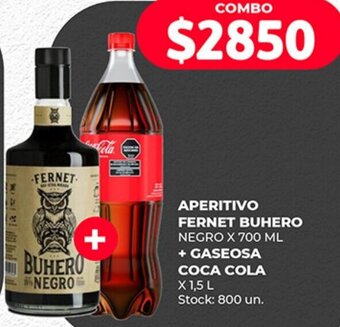 Supermercados Tadicor APERITIVO FERNET BUHERO NEGRO X 700 ML + GASEOSA COCA COLA X 1,5 L oferta