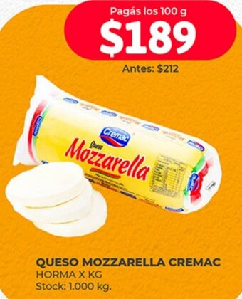 Supermercados Tadicor QUESO MOZZARELLA CREMAC HORMA X KG oferta